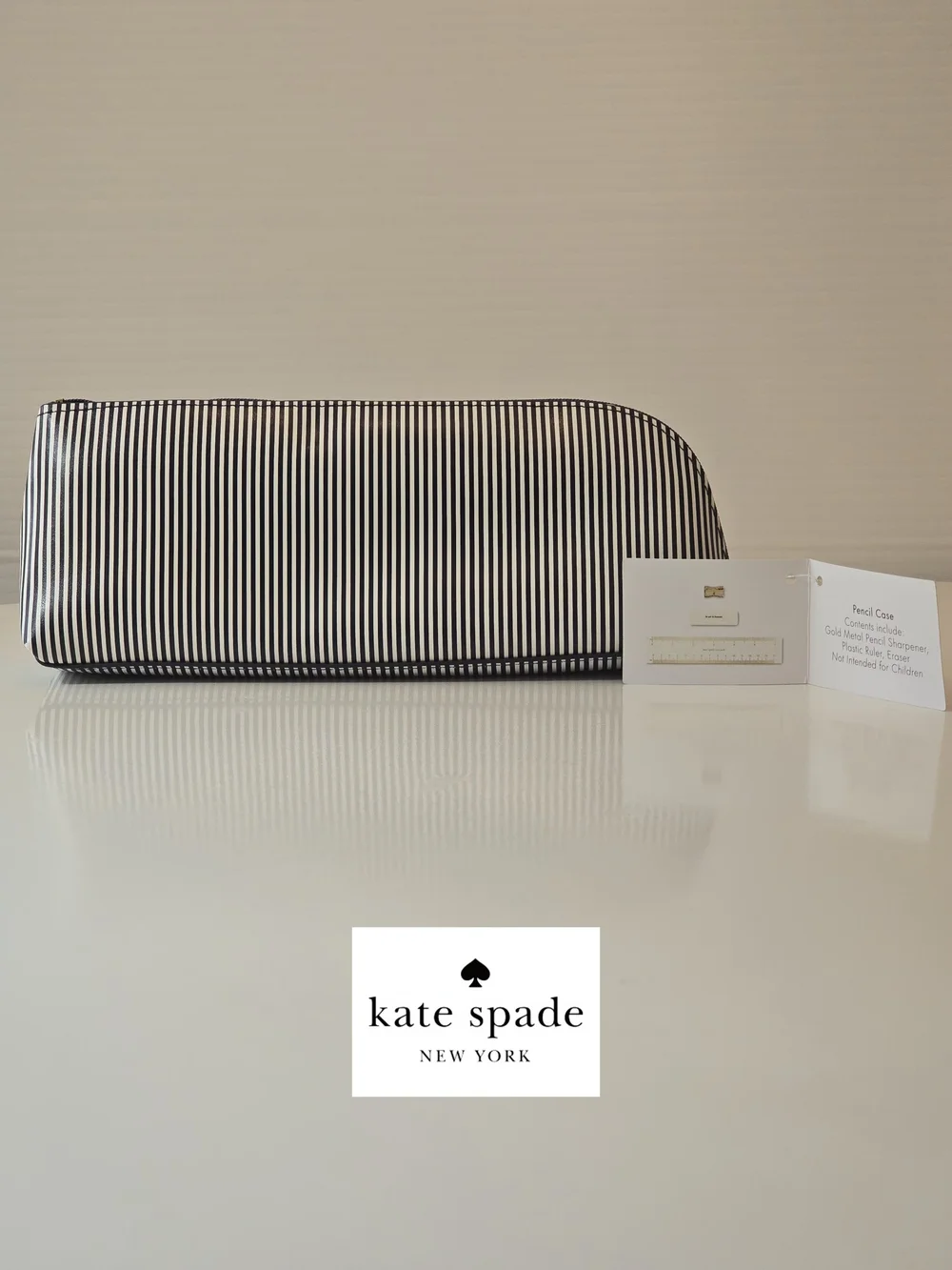NWT Kate Spade Navy & White Striped Pencil Pouch w/ eraser, ruler & sharpener